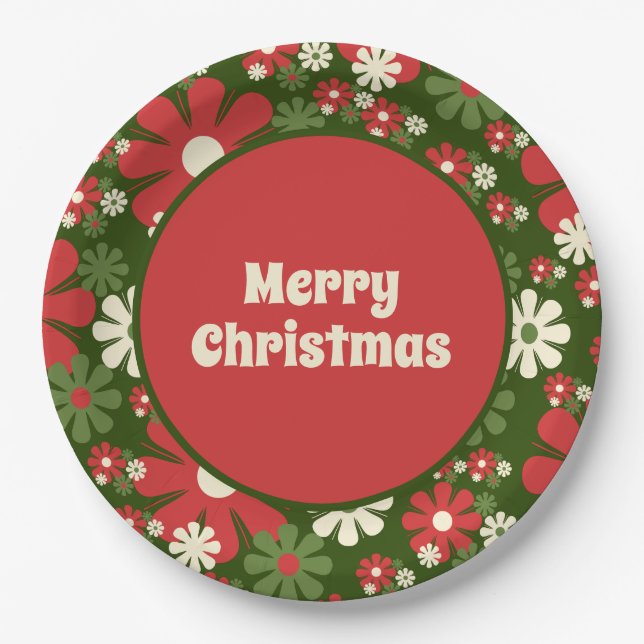 Retro 60s 70s Floral Merry Christmas Paper Plates (Front)