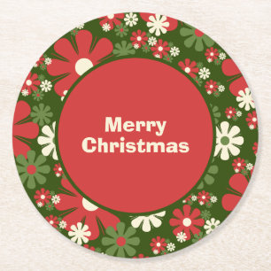 Retro 60s 70s Floral Merry Christmas Round Paper Coaster