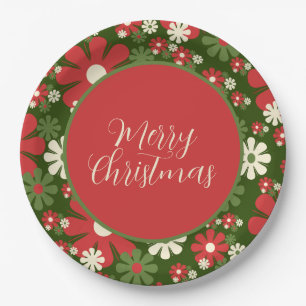 Retro 60s 70s Floral Merry Christmas Script Paper Plates