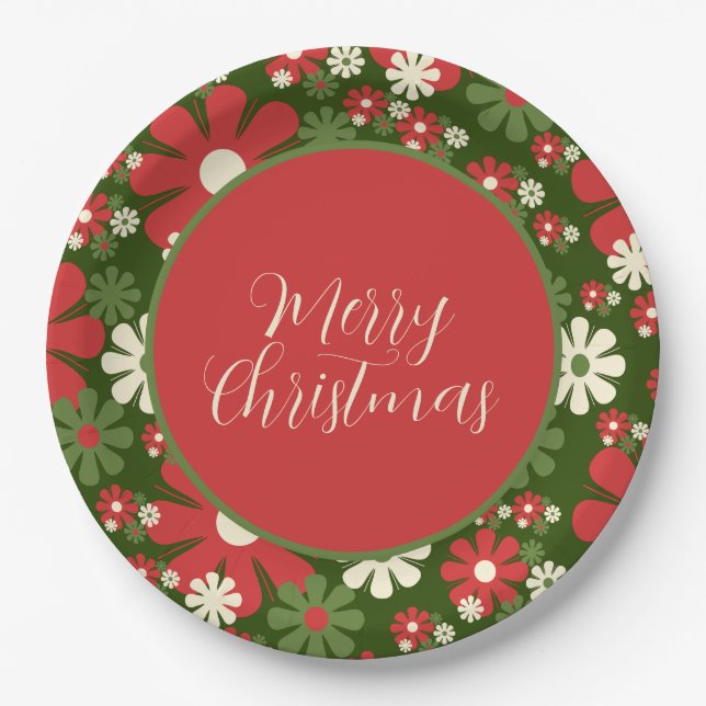 Retro 60s 70s Floral Merry Christmas Script Paper Plates (Front)