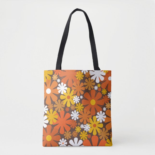 Retro 60s 70s Floral Orange Brown Pattern Tote Bag (Front)