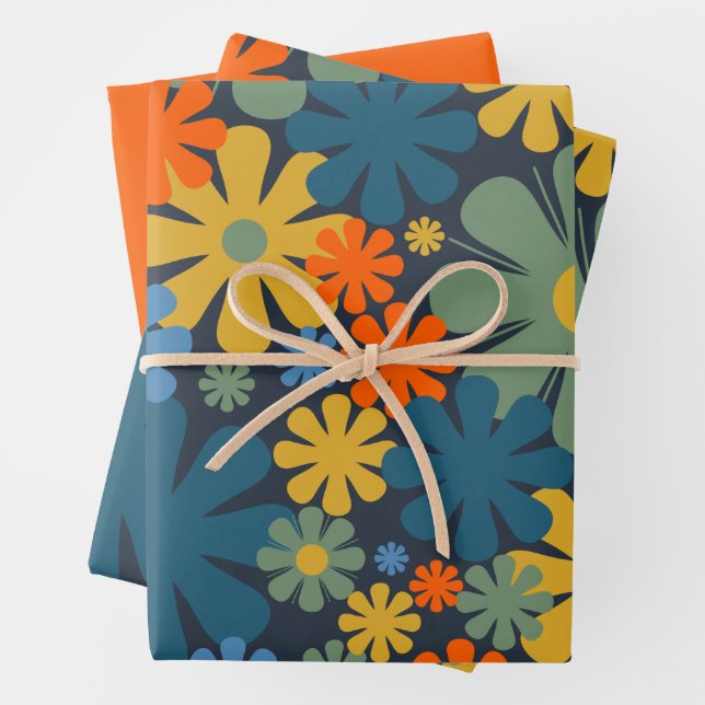 Retro 60s 70s Floral Pattern Blue Orange Wrapping Paper Sheets (In situ)