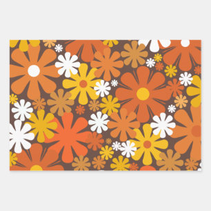 Retro 60s 70s Floral Pattern Brown and Orange Wrapping Paper Sheets