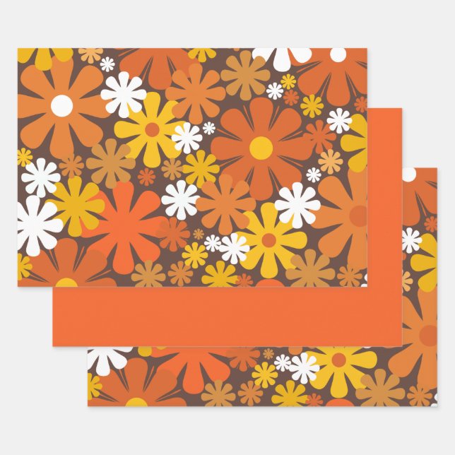 Retro 60s 70s Floral Pattern Orange and Brown Wrapping Paper Sheets (Set)