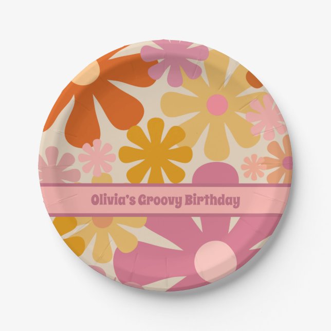 Retro 60s 70s Floral Pattern Personalized Paper Plates (Front)