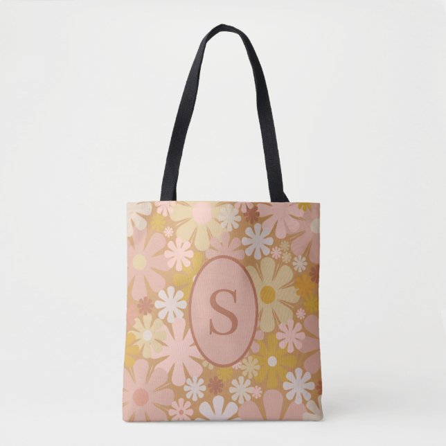 Retro 60s 70s Floral Pattern with Initial Tote Bag (Front)