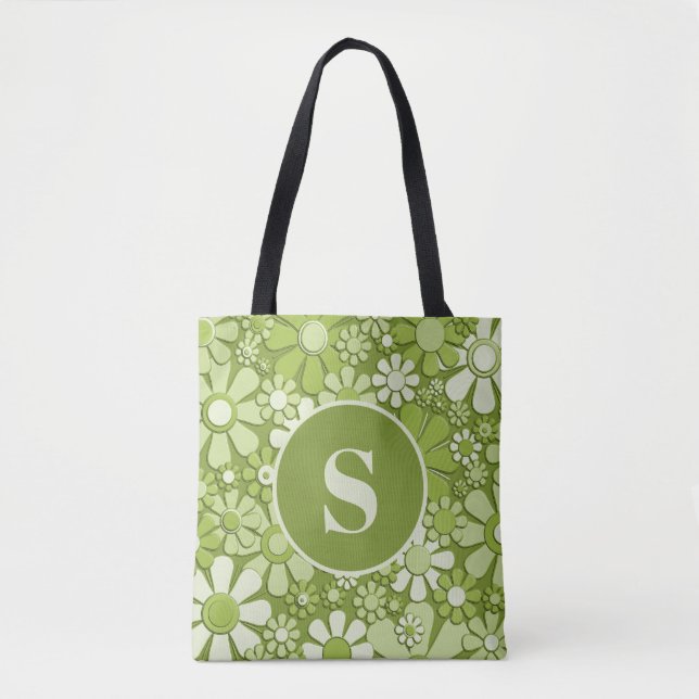 Retro 60s 70s Flowers Lime Green Floral Pattern Tote Bag (Front)