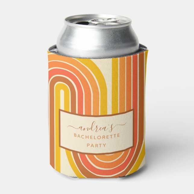 Retro 60s 70s Geometric Rainbow Bachelorette Party Can Cooler (Can Front)