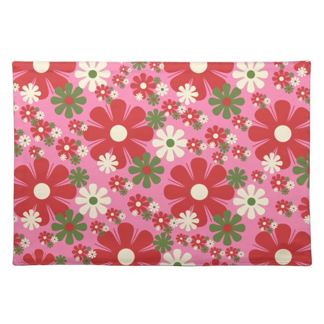 Retro 60s 70s Groovy Pink Floral Flower Pattern Cloth Placemat (Front)