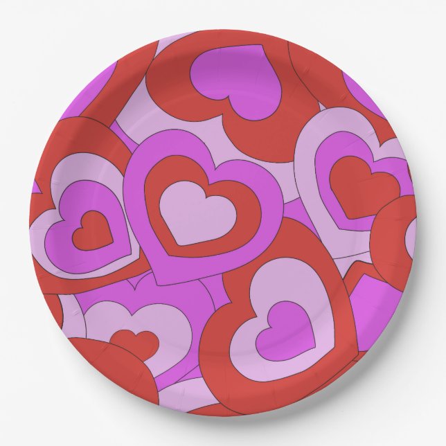 Retro 60s-70s Hearts Paper Plates (Front)