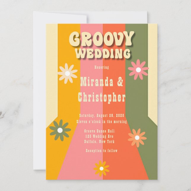 Retro 60s 70s Hippie Stripes Flower Groovy Wedding Invitation (Front)