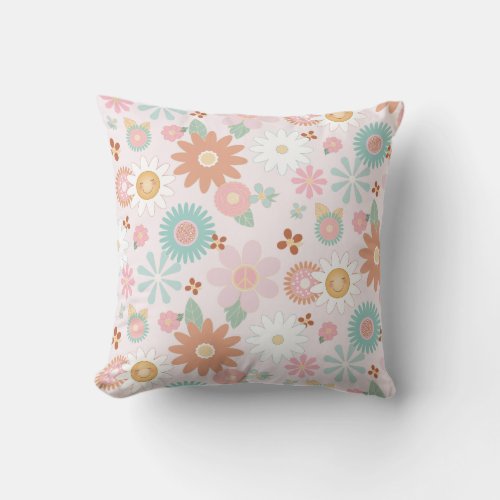 Retro 60s 70s Hippy Daisy Flower Power Pink Mint Throw Pillow