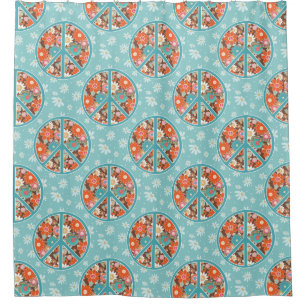 RETRO 60s 70s Hippy Floral Peace Sign Blue Orange  Shower Curtain