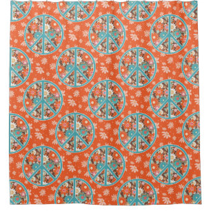 RETRO 60s 70s Hippy Floral Peace Sign Orange Blue  Shower Curtain