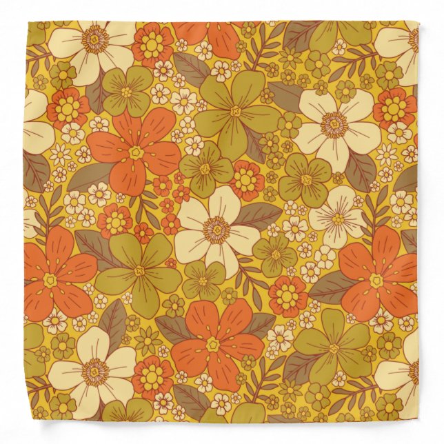 Retro 60s/70s Orange & Olive Green Floral Bandana (Front)