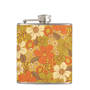 Retro 60s/70s Orange & Olive Green Floral Flask