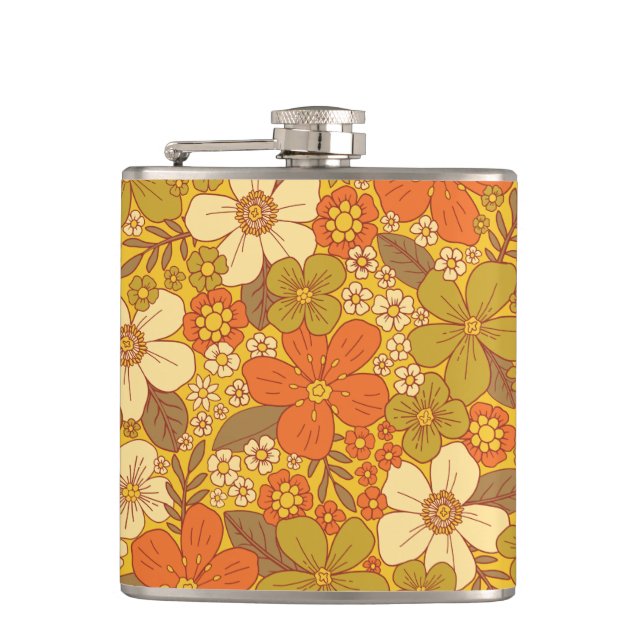 Retro 60s/70s Orange & Olive Green Floral Flask (Front)