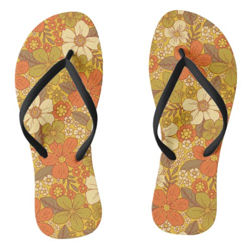 Retro 60s70s Orange  Olive Green Floral Flip Flops