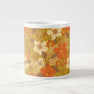 Retro 60s/70s Orange & Olive Green Floral Giant Coffee Mug