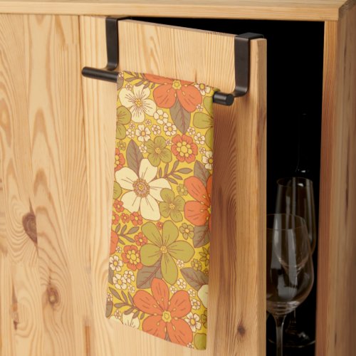 Retro 60s70s Orange  Olive Green Floral Kitchen Towel