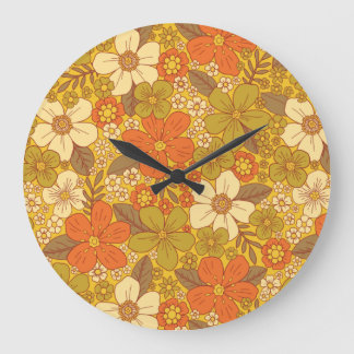 Retro 60s/70s Orange & Olive Green Floral Large Clock