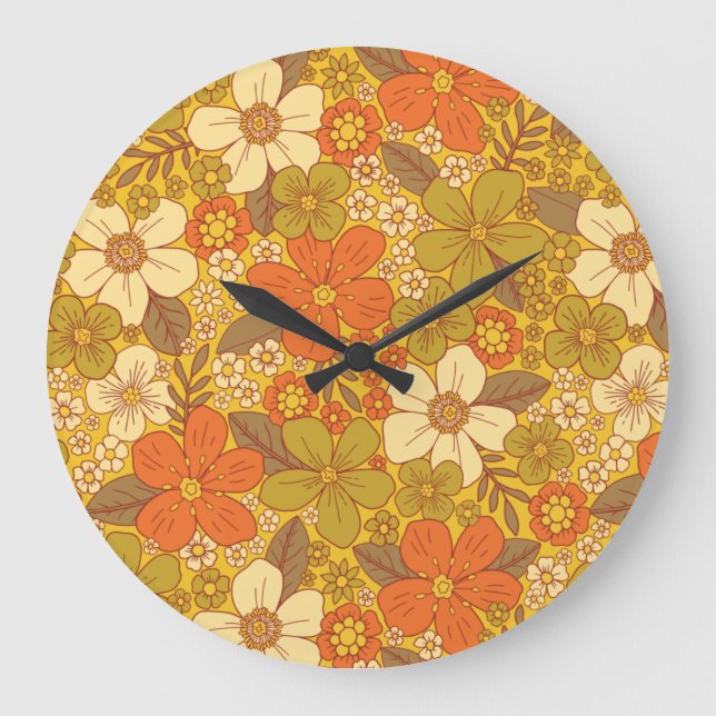 Retro 60s/70s Orange & Olive Green Floral Large Clock (Front)