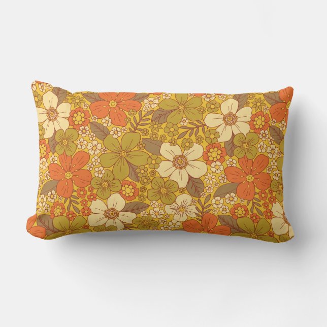 Retro 60s/70s Orange & Olive Green Floral Lumbar Pillow (Front)