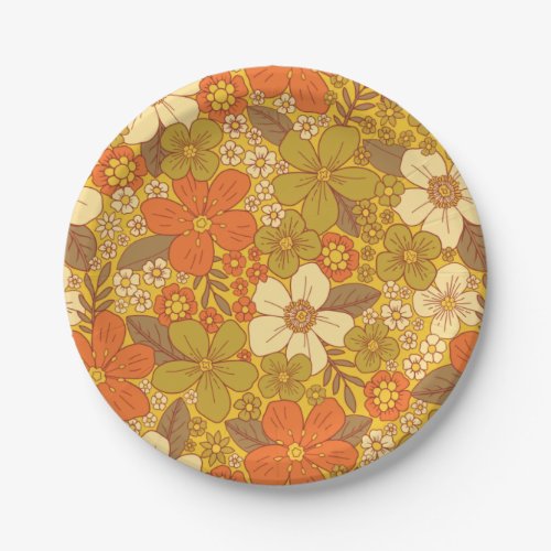 Retro 60s70s Orange  Olive Green Floral Paper Plates