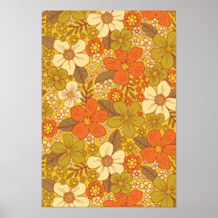Retro 60s/70s Orange & Olive Green Floral Poster