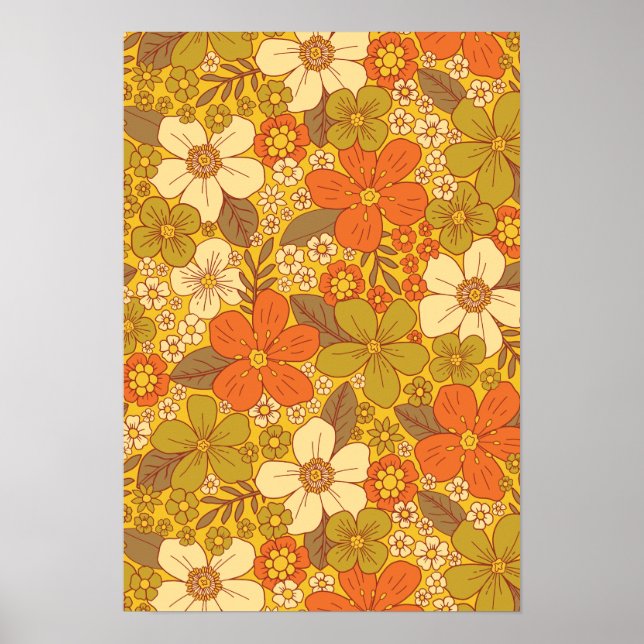 Retro 60s/70s Orange & Olive Green Floral Poster (Front)