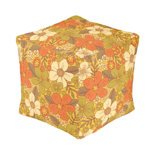 Retro 60s/70s Orange & Olive Green Floral Pouf (Angled Back)