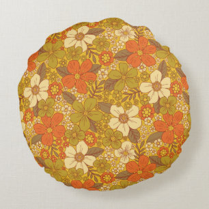 Retro 60s/70s Orange & Olive Green Floral Round Pillow