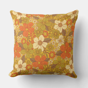 Retro 60s/70s Orange & Olive Green Floral Throw Pillow