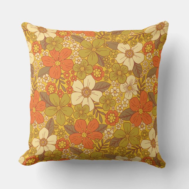Retro 60s/70s Orange & Olive Green Floral Throw Pillow (Front)