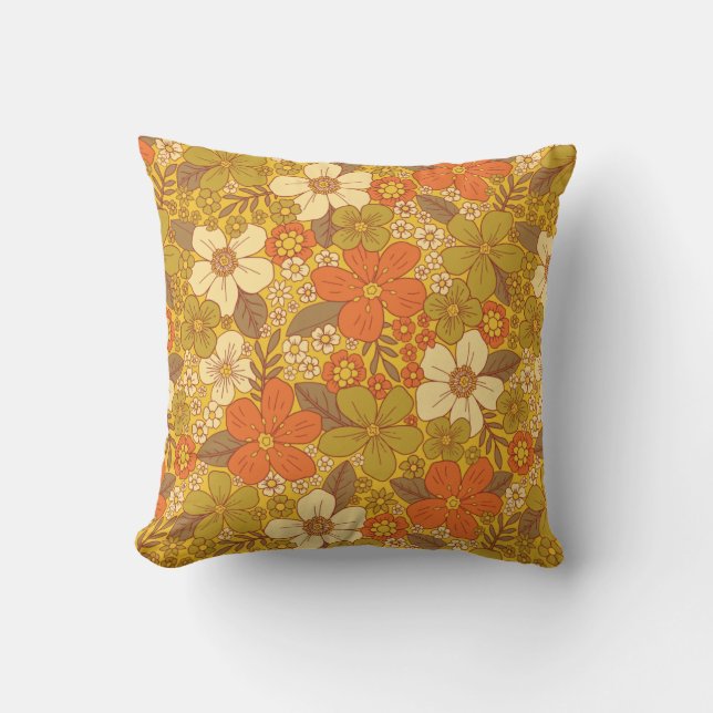 Retro 60s/70s Orange & Olive Green Floral Throw Pillow (Front)
