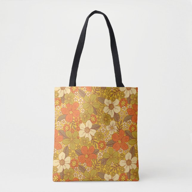 Retro 60s/70s Orange & Olive Green Floral Tote Bag (Front)