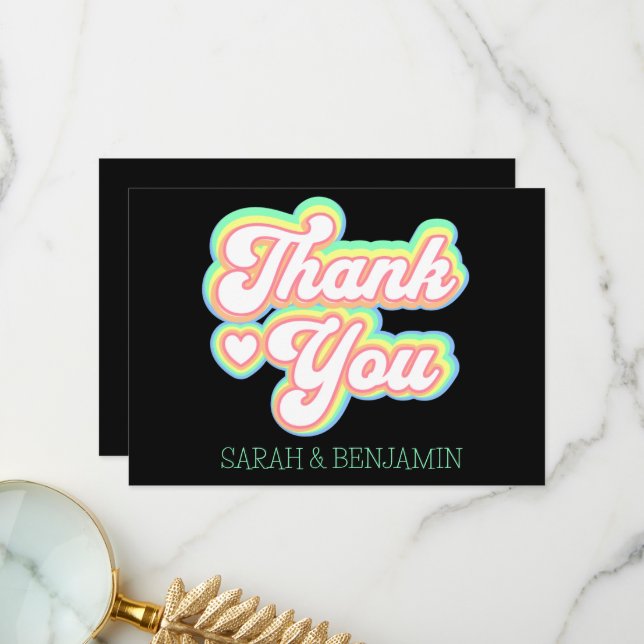 Retro 60s,70s Personalized Wedding Names  Thank You Card (Front/Back In Situ)
