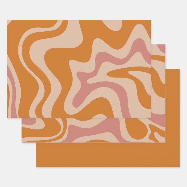 Retro 60s 70s Psychedelic Swirls Orange Pink Wrapping Paper Sheets (Set)