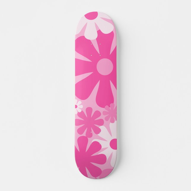 Retro 60s 70s Y2K Aesthetic Floral Pattern in Pink Skateboard (Front)