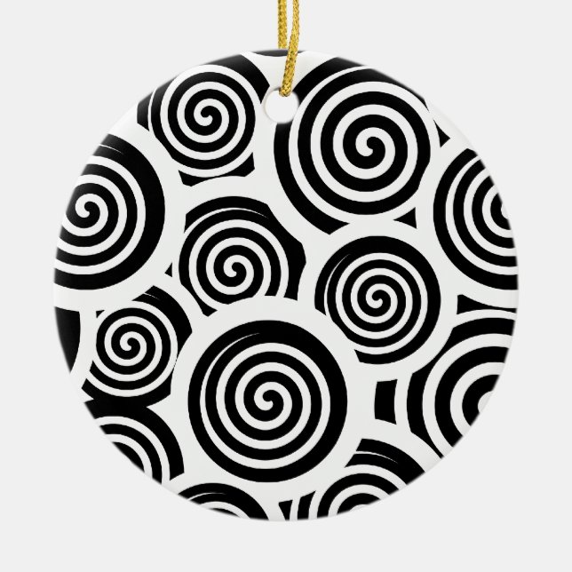 Retro 60's Black and White Spirals Hypnotic Swirls Ceramic Ornament (Front)