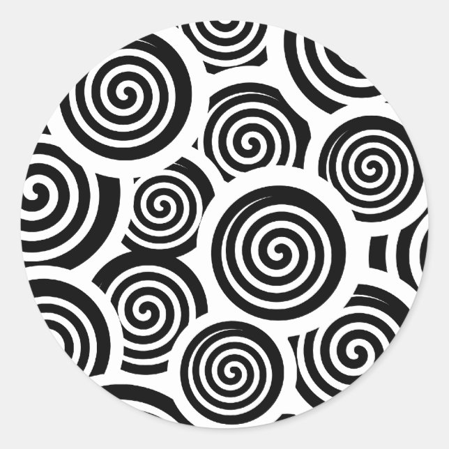 Retro 60's Black and White Spirals Hypnotic Swirls Classic Round Sticker (Front)