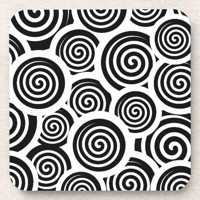 Retro 60's Black and White Spirals Hypnotic Swirls Drink Coaster (Front)