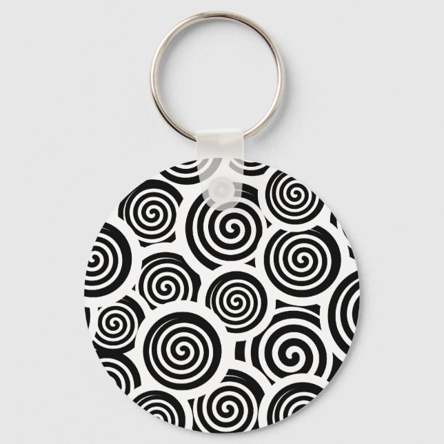 Retro 60's Black and White Spirals Hypnotic Swirls Keychain (Front)