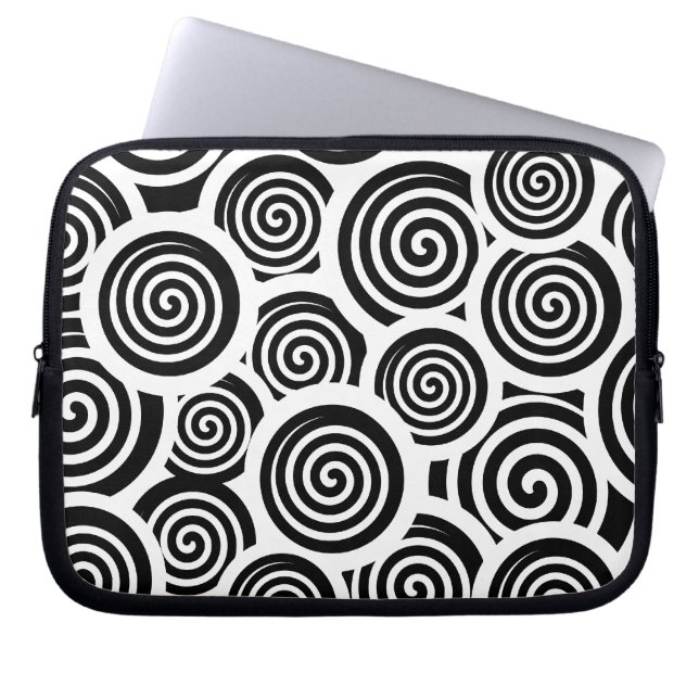 Retro 60's Black and White Spirals Hypnotic Swirls Laptop Sleeve (Front)