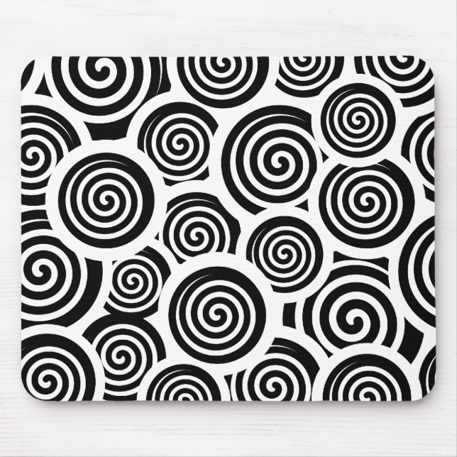 Retro 60's Black and White Spirals Hypnotic Swirls Mouse Pad (Front)