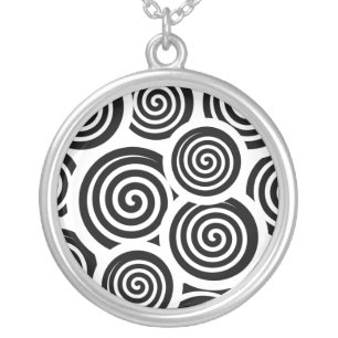 Retro 60's Black and White Spirals Hypnotic Swirls Silver Plated Necklace