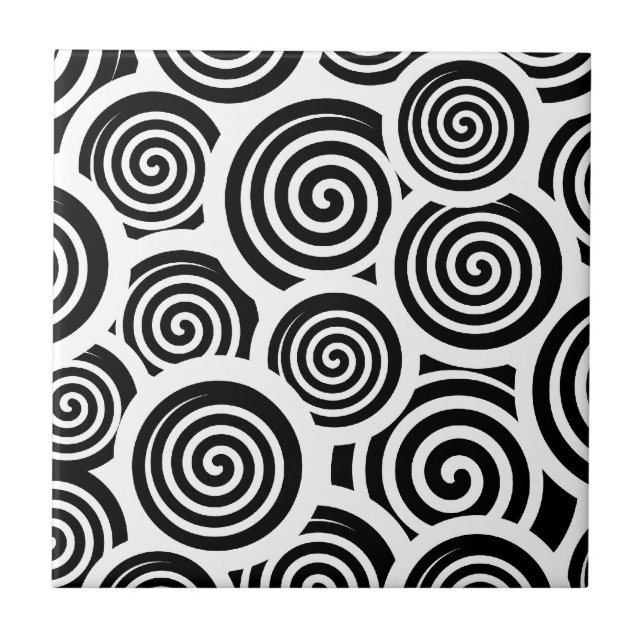 Retro 60's Black and White Spirals Hypnotic Swirls Tile (Front)