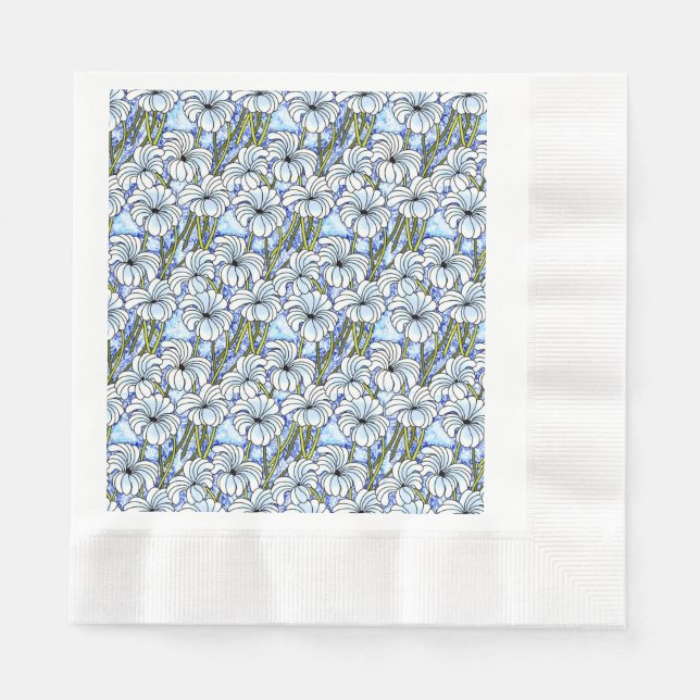 Retro 60s Chrysanthemums in White, Blue and Green Napkins (Front)
