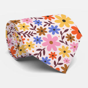 Retro 60s floral - daisy flowers in pink, orange neck tie