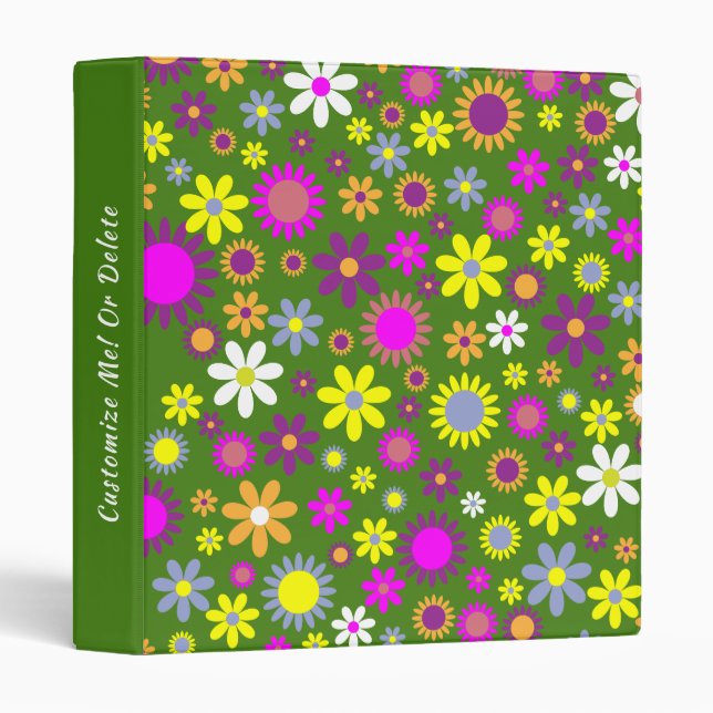 Retro 60s Flower Green Yellow Purple Floral 3 Ring Binder (Front/Spine)